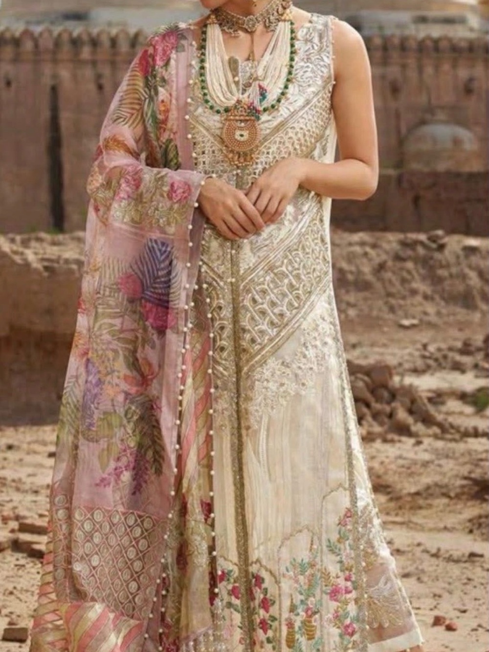 Crimson Elegant Cream Floral Embroidered Women’s Dress